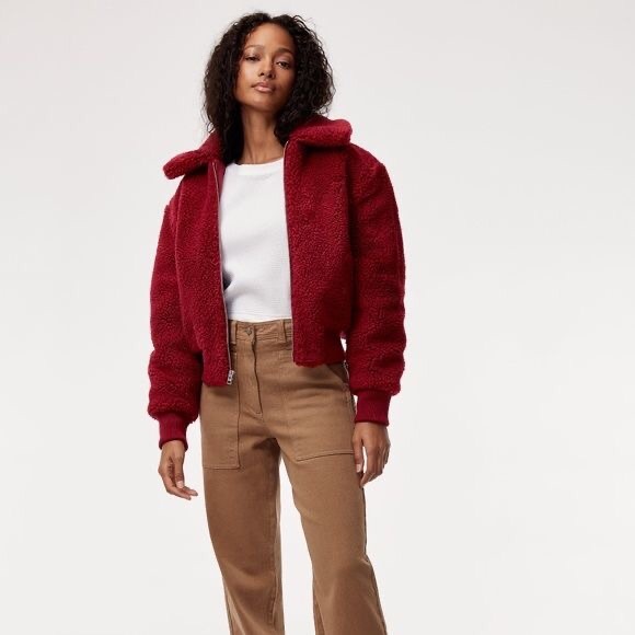 red cropped teddy jacket